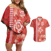 Red Hibiscus Turle Couples Matching Off Shoulder Short Dress and Hawaiian Shirt Hawaiian Style Tribal Tapa Pattern LT9 Red - Polynesian Pride