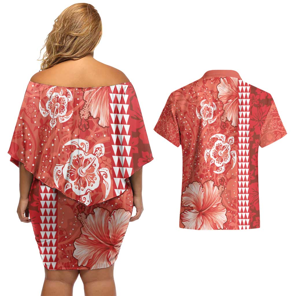 Red Hibiscus Turle Couples Matching Off Shoulder Short Dress and Hawaiian Shirt Hawaiian Style Tribal Tapa Pattern LT9 - Polynesian Pride