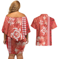 Red Hibiscus Turle Couples Matching Off Shoulder Short Dress and Hawaiian Shirt Hawaiian Style Tribal Tapa Pattern LT9 - Polynesian Pride
