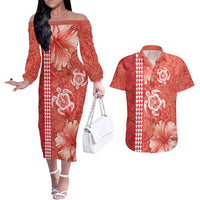 Red Hibiscus Turle Couples Matching Off The Shoulder Long Sleeve Dress and Hawaiian Shirt Hawaiian Style Tribal Tapa Pattern LT9 Red - Polynesian Pride