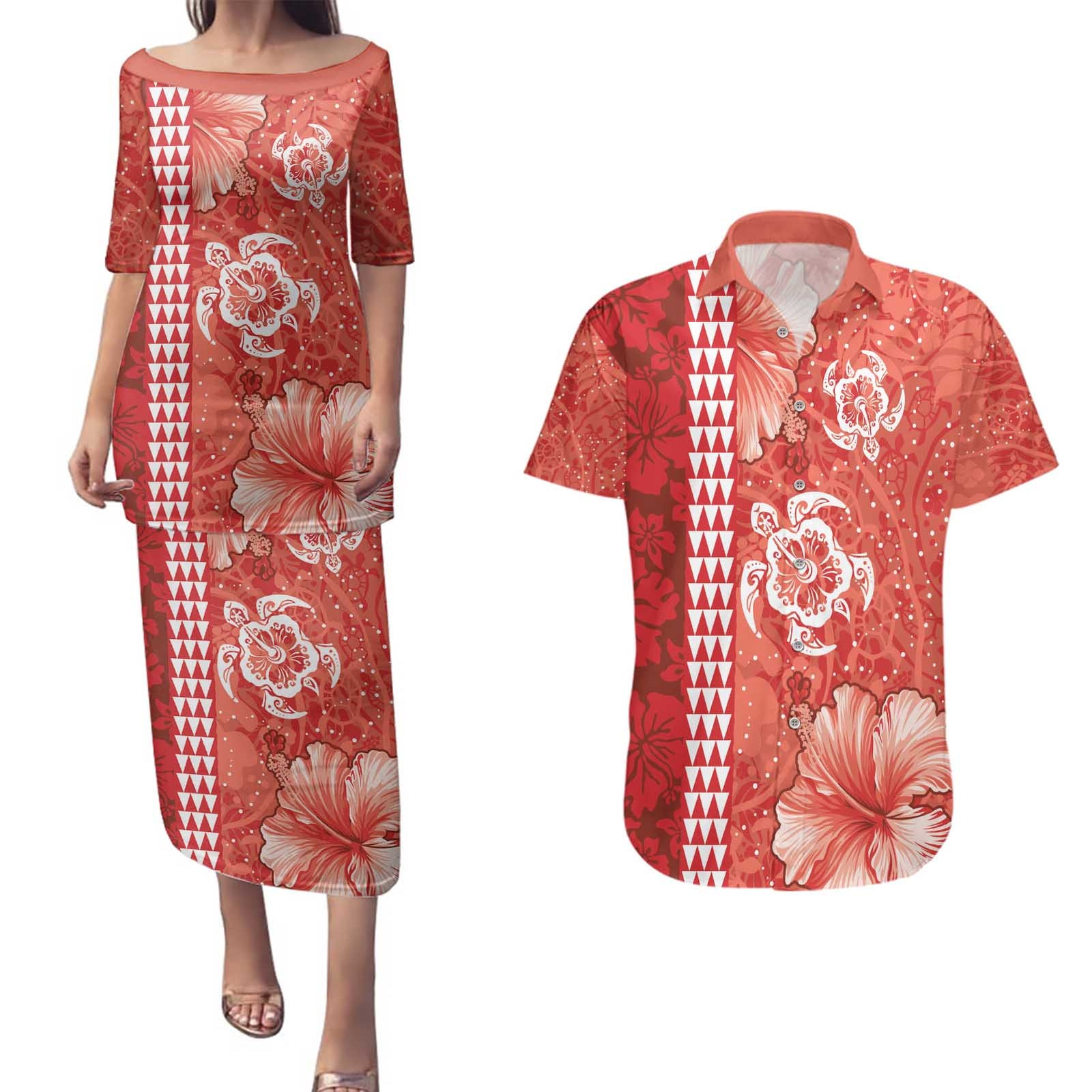 Red Hibiscus Turle Couples Matching Puletasi and Hawaiian Shirt Hawaiian Style Tribal Tapa Pattern