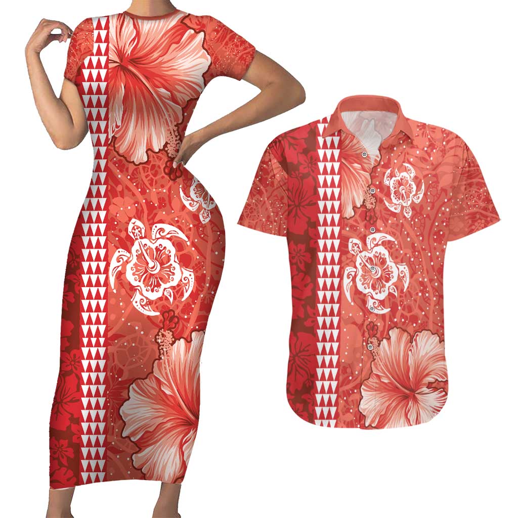 Red Hibiscus Turle Couples Matching Short Sleeve Bodycon Dress and Hawaiian Shirt Hawaiian Style Tribal Tapa Pattern LT9 Red - Polynesian Pride