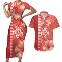 Red Hibiscus Turle Couples Matching Short Sleeve Bodycon Dress and Hawaiian Shirt Hawaiian Style Tribal Tapa Pattern LT9 Red - Polynesian Pride