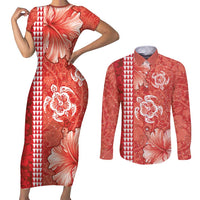 Red Hibiscus Turle Couples Matching Short Sleeve Bodycon Dress and Long Sleeve Button Shirt Hawaiian Style Tribal Tapa Pattern LT9 Red - Polynesian Pride