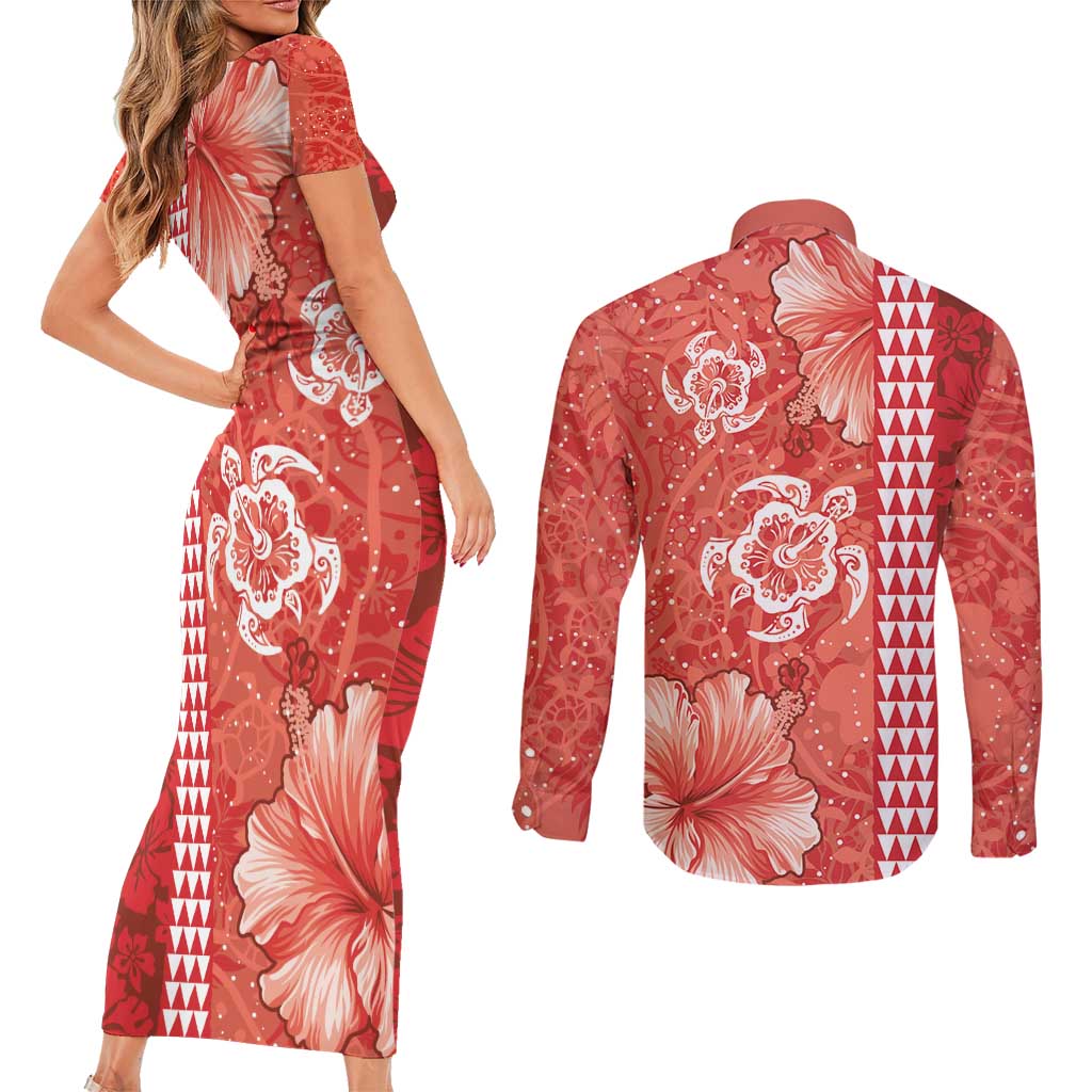 Red Hibiscus Turle Couples Matching Short Sleeve Bodycon Dress and Long Sleeve Button Shirt Hawaiian Style Tribal Tapa Pattern LT9 - Polynesian Pride