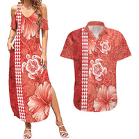 Red Hibiscus Turle Couples Matching Summer Maxi Dress and Hawaiian Shirt Hawaiian Style Tribal Tapa Pattern LT9 Red - Polynesian Pride