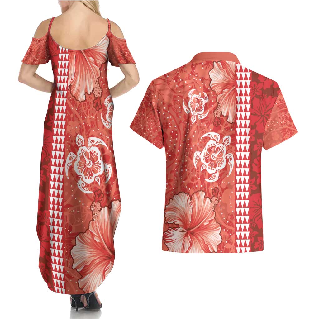 Red Hibiscus Turle Couples Matching Summer Maxi Dress and Hawaiian Shirt Hawaiian Style Tribal Tapa Pattern LT9 - Polynesian Pride