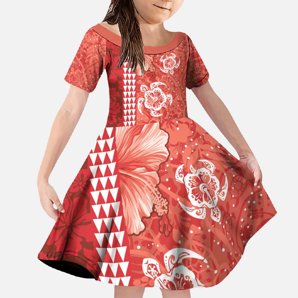 Red Hibiscus Turle Family Matching Long Sleeve Bodycon Dress and Hawaiian Shirt Hawaiian Style Tribal Tapa Pattern LT9 Daughter's Dress Red - Polynesian Pride