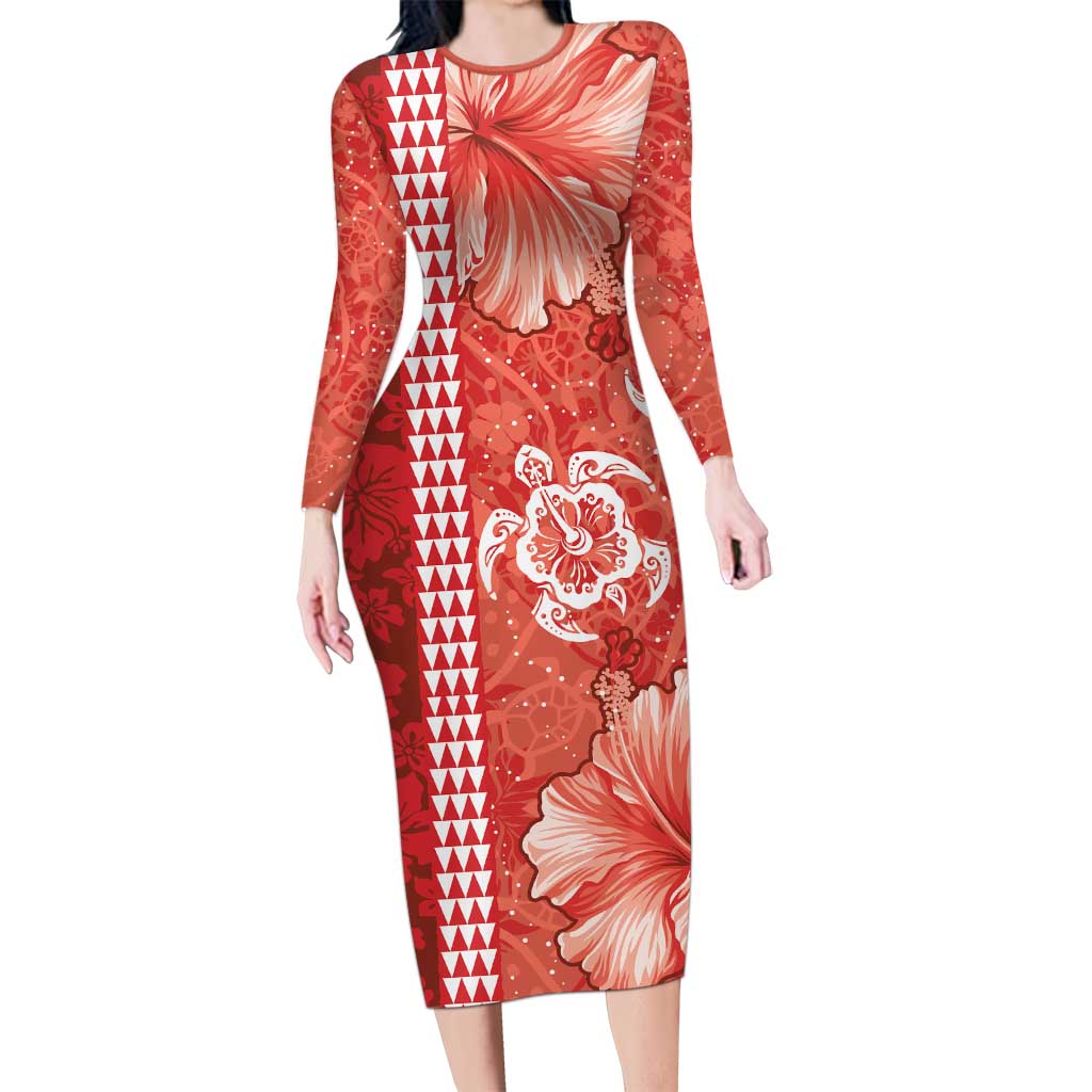Red Hibiscus Turle Family Matching Long Sleeve Bodycon Dress and Hawaiian Shirt Hawaiian Style Tribal Tapa Pattern LT9 Mom's Dress Red - Polynesian Pride