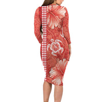 Red Hibiscus Turle Family Matching Long Sleeve Bodycon Dress and Hawaiian Shirt Hawaiian Style Tribal Tapa Pattern LT9 - Polynesian Pride