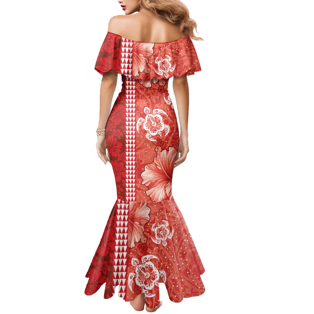 Red Hibiscus Turle Family Matching Mermaid Dress and Hawaiian Shirt Hawaiian Style Tribal Tapa Pattern LT9 - Polynesian Pride