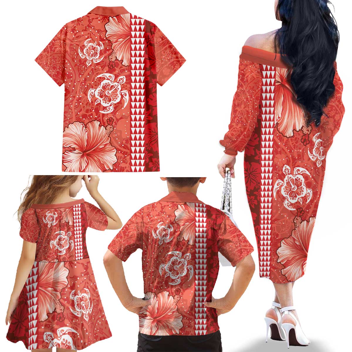 Red Hibiscus Turle Family Matching Off The Shoulder Long Sleeve Dress and Hawaiian Shirt Hawaiian Style Tribal Tapa Pattern LT9 - Polynesian Pride