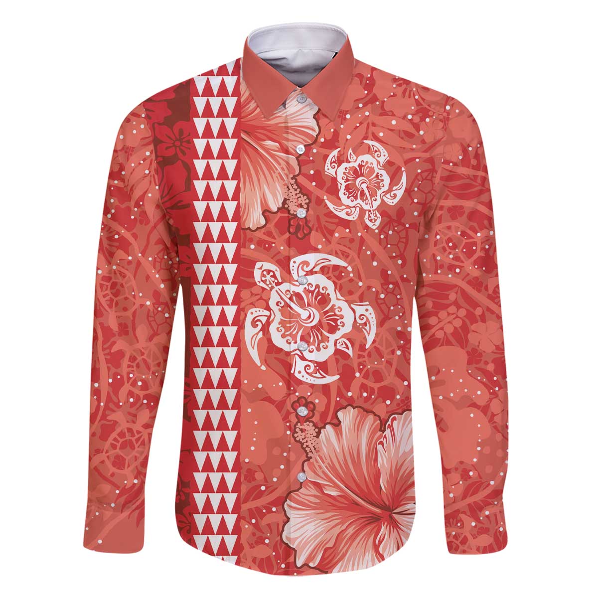 Red Hibiscus Turle Family Matching Off The Shoulder Long Sleeve Dress and Hawaiian Shirt Hawaiian Style Tribal Tapa Pattern LT9 Dad's Shirt - Long Sleeve Red - Polynesian Pride
