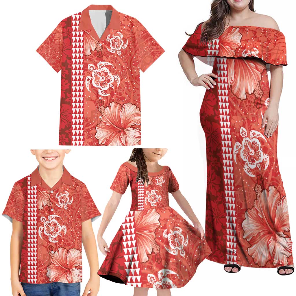 Red Hibiscus Turle Family Matching Off Shoulder Maxi Dress and Hawaiian Shirt Hawaiian Style Tribal Tapa Pattern LT9 - Polynesian Pride