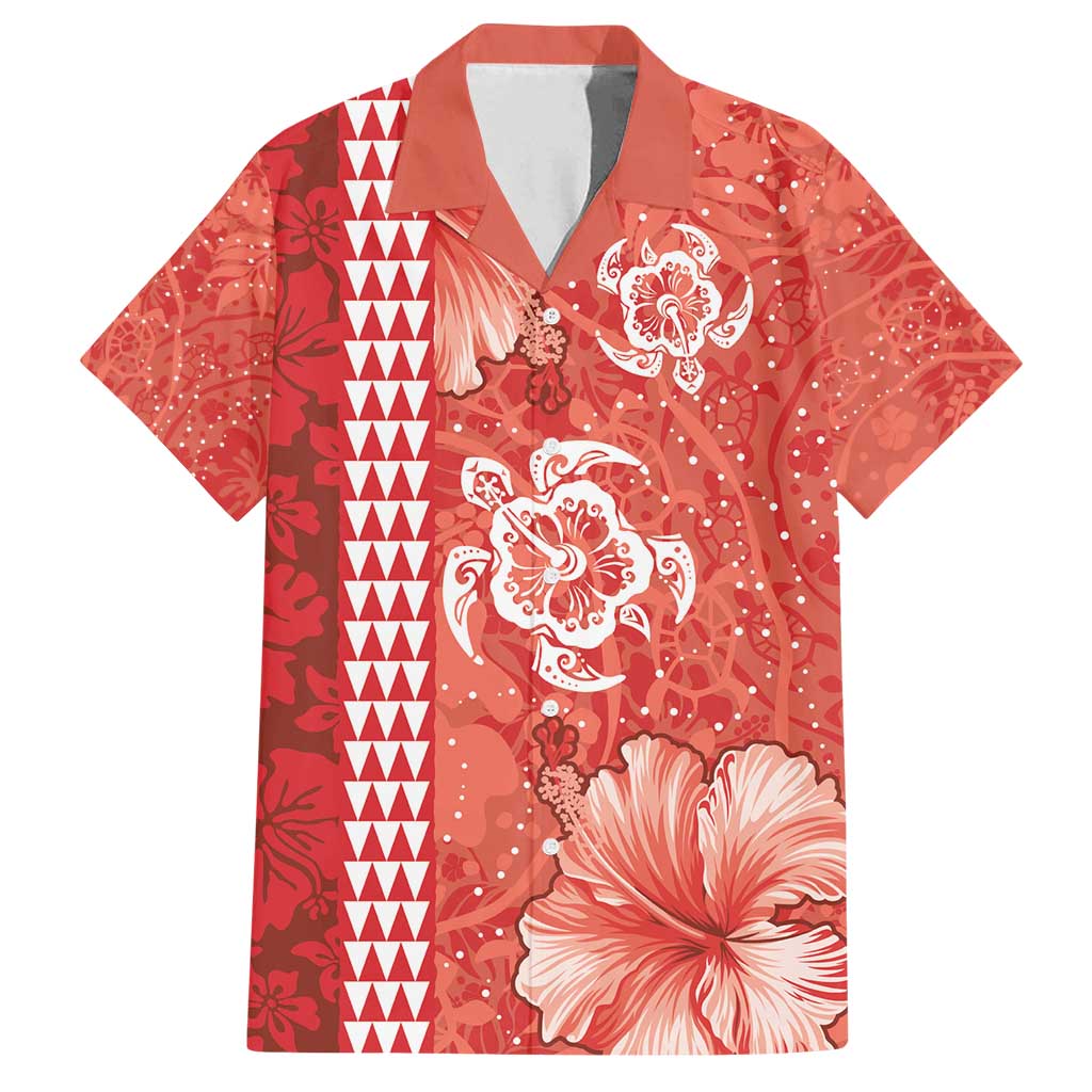 Red Hibiscus Turle Family Matching Off Shoulder Maxi Dress and Hawaiian Shirt Hawaiian Style Tribal Tapa Pattern LT9 Dad's Shirt - Short Sleeve Red - Polynesian Pride
