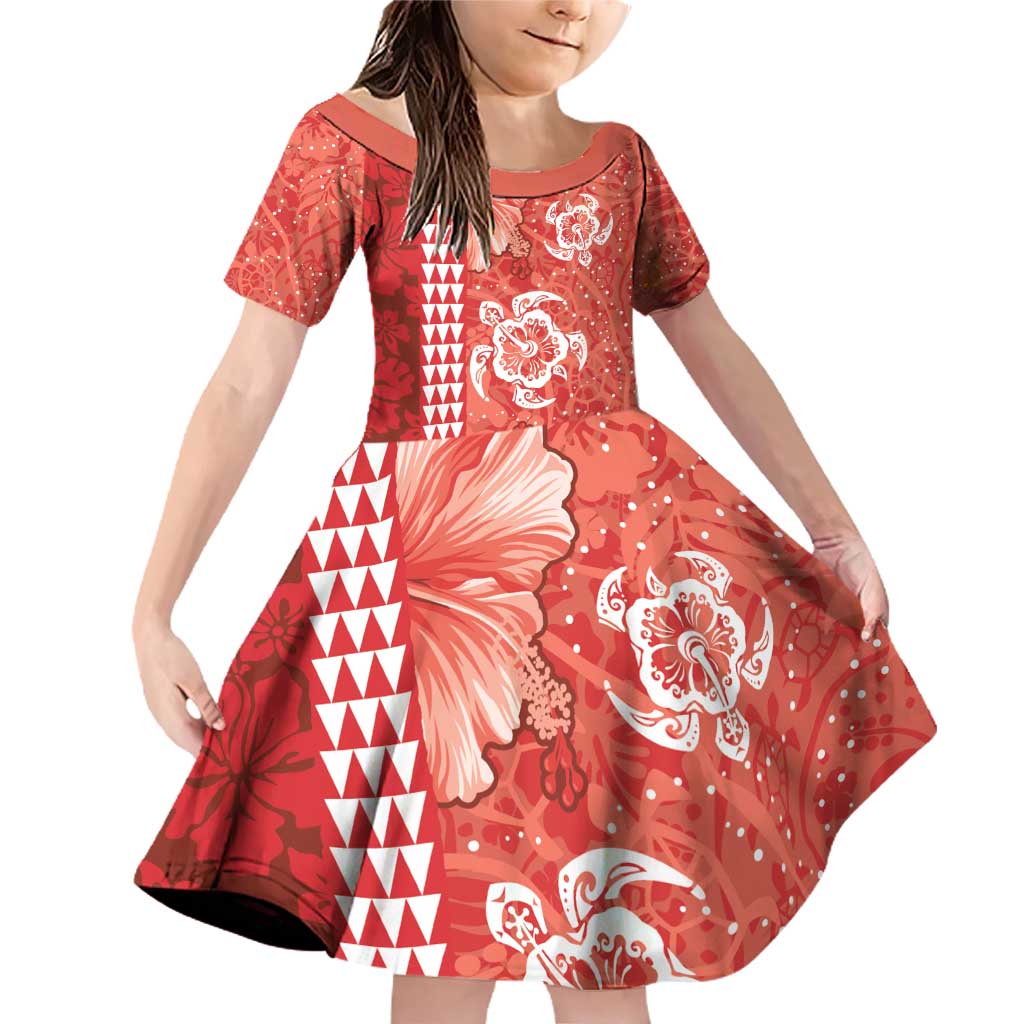 Red Hibiscus Turle Family Matching Off Shoulder Short Dress and Hawaiian Shirt Hawaiian Style Tribal Tapa Pattern LT9 Daughter's Dress Red - Polynesian Pride