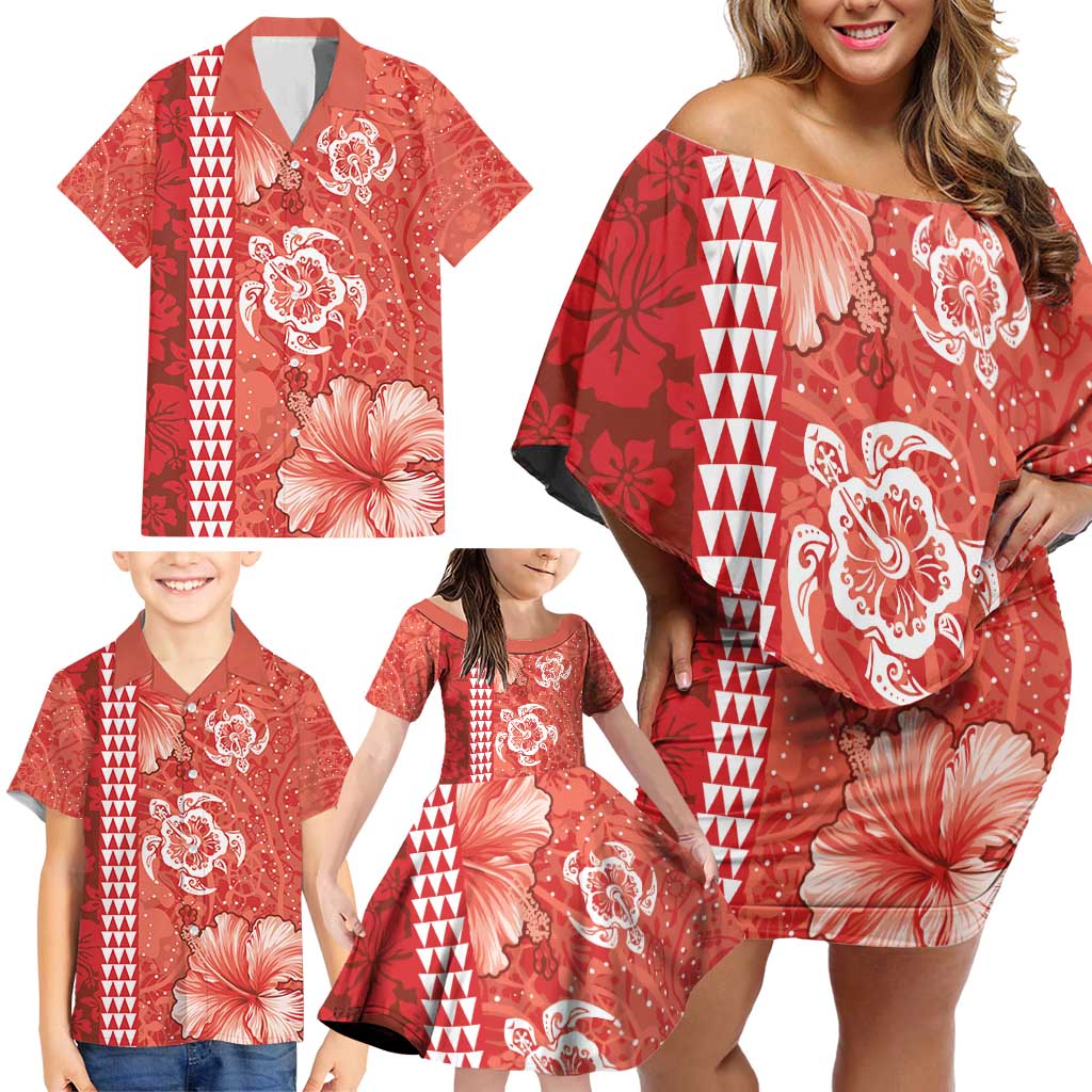 Red Hibiscus Turle Family Matching Off Shoulder Short Dress and Hawaiian Shirt Hawaiian Style Tribal Tapa Pattern LT9 - Polynesian Pride