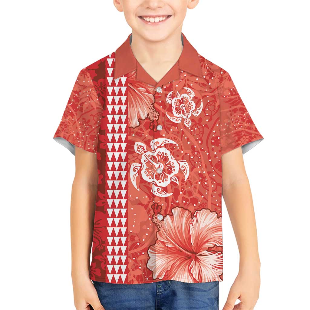 Red Hibiscus Turle Family Matching Off Shoulder Short Dress and Hawaiian Shirt Hawaiian Style Tribal Tapa Pattern LT9 Son's Shirt Red - Polynesian Pride