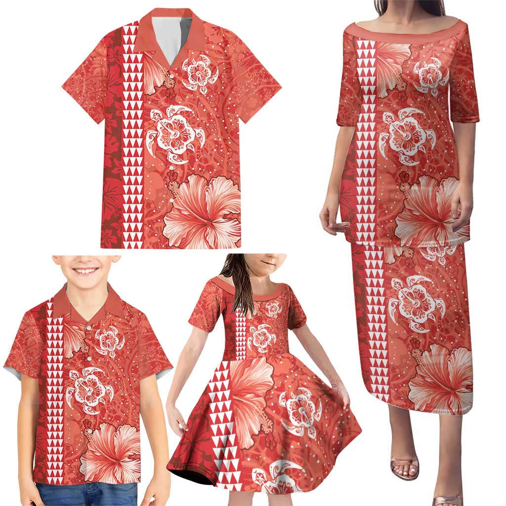 Red Hibiscus Turle Family Matching Puletasi and Hawaiian Shirt Hawaiian Style Tribal Tapa Pattern LT9 - Polynesian Pride