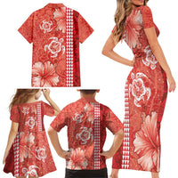 Red Hibiscus Turle Family Matching Short Sleeve Bodycon Dress and Hawaiian Shirt Hawaiian Style Tribal Tapa Pattern LT9 - Polynesian Pride