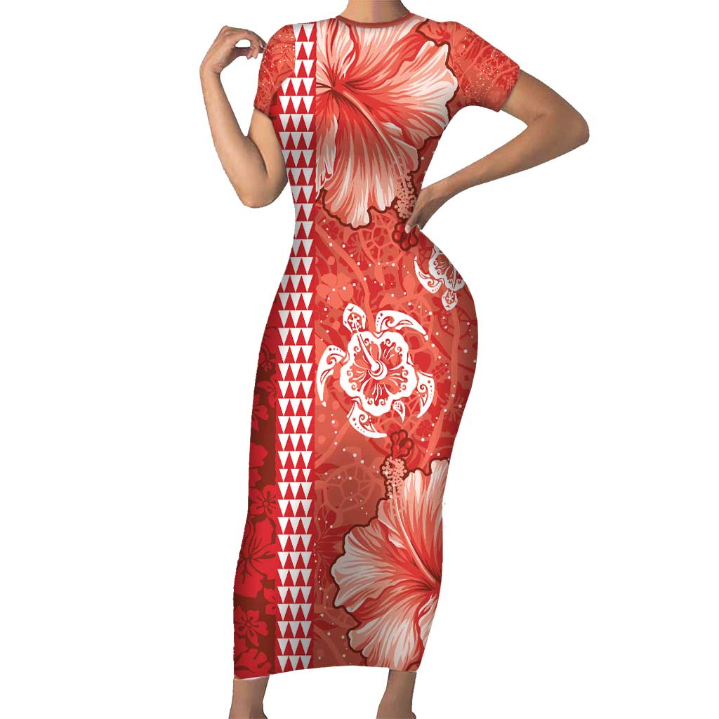 Red Hibiscus Turle Family Matching Short Sleeve Bodycon Dress and Hawaiian Shirt Hawaiian Style Tribal Tapa Pattern LT9 Mom's Dress Red - Polynesian Pride