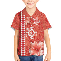 Red Hibiscus Turle Family Matching Short Sleeve Bodycon Dress and Hawaiian Shirt Hawaiian Style Tribal Tapa Pattern LT9 Son's Shirt Red - Polynesian Pride