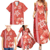 Red Hibiscus Turle Family Matching Summer Maxi Dress and Hawaiian Shirt Hawaiian Style Tribal Tapa Pattern LT9 - Polynesian Pride