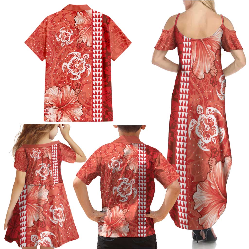 Red Hibiscus Turle Family Matching Summer Maxi Dress and Hawaiian Shirt Hawaiian Style Tribal Tapa Pattern LT9 - Polynesian Pride