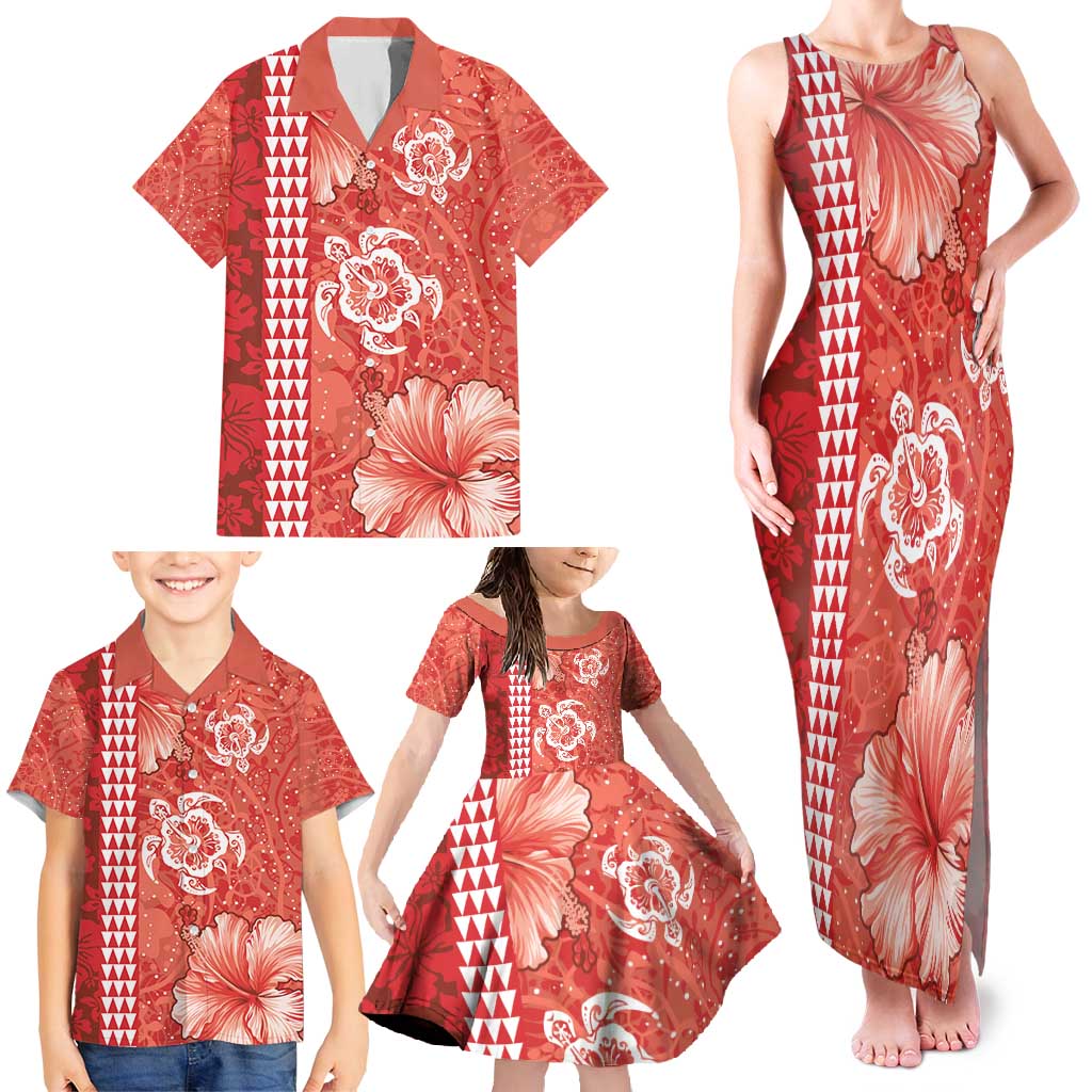 Red Hibiscus Turle Family Matching Tank Maxi Dress and Hawaiian Shirt Hawaiian Style Tribal Tapa Pattern LT9 - Polynesian Pride