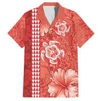 Red Hibiscus Turle Family Matching Tank Maxi Dress and Hawaiian Shirt Hawaiian Style Tribal Tapa Pattern LT9 Dad's Shirt - Short Sleeve Red - Polynesian Pride