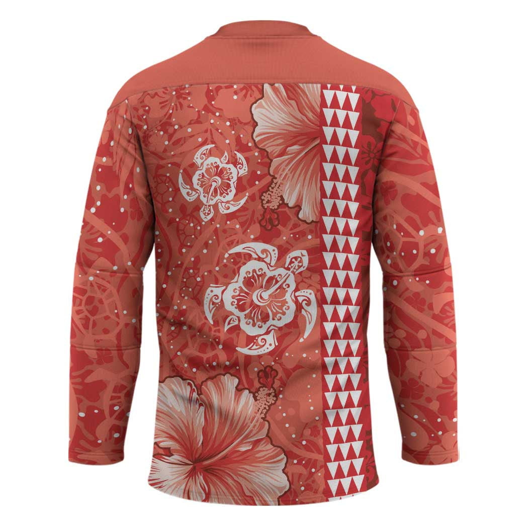 Red Hibiscus Turle Hockey Jersey Hawaiian Style Tribal Tapa Pattern - Polynesian Pride