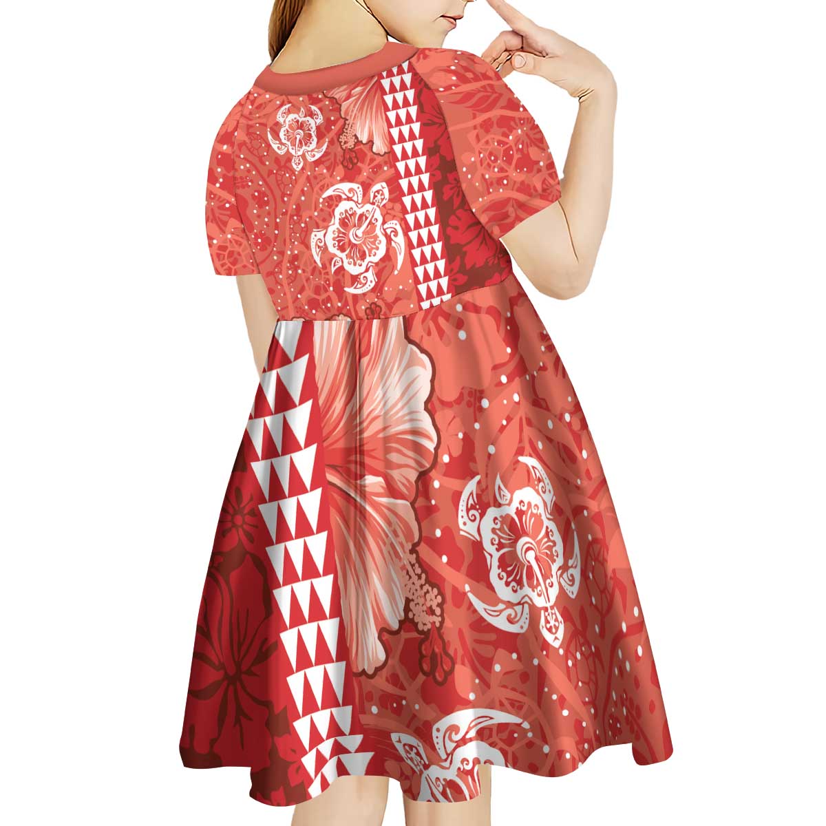 Red Hibiscus Turle Kid Short Sleeve Dress Hawaiian Style Tribal Tapa Pattern