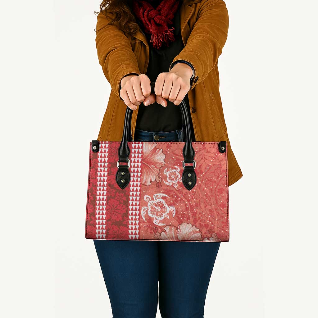 Red Hibiscus Turle Leather Bag Hawaiian Style Tribal Tapa Pattern - Polynesian Pride