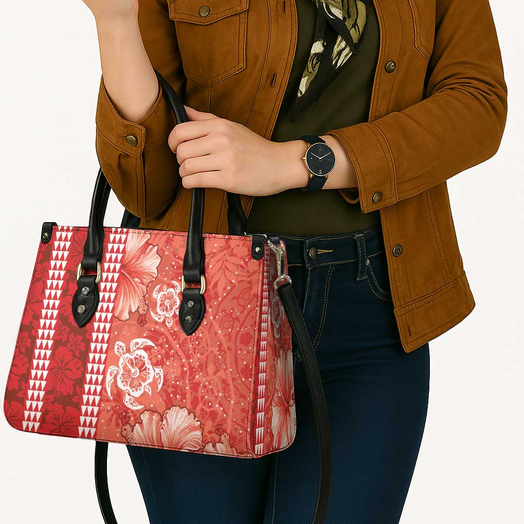 Red Hibiscus Turle Leather Bag Hawaiian Style Tribal Tapa Pattern - Polynesian Pride