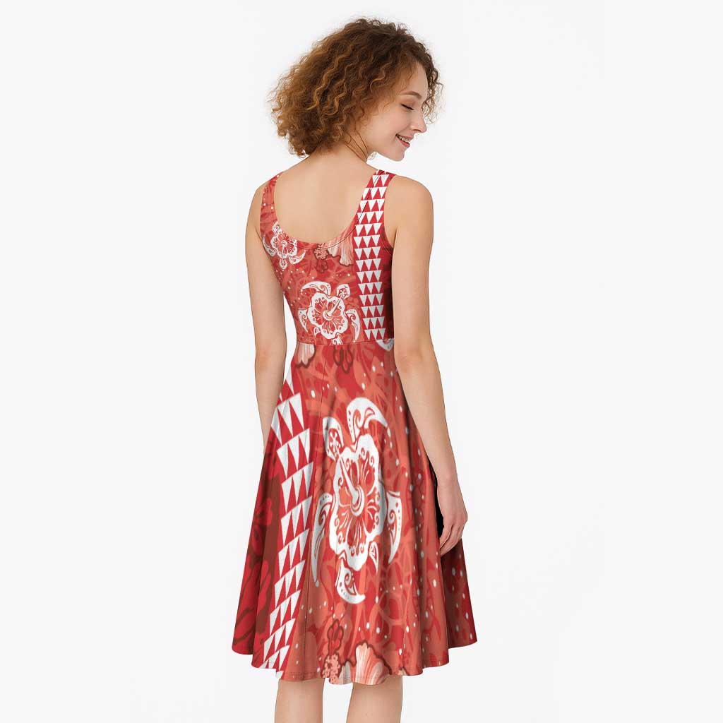 Red Hibiscus Turle Midi Dress Hawaiian Style Tribal Tapa Pattern - Polynesian Pride