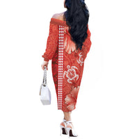 Red Hibiscus Turle Off The Shoulder Long Sleeve Dress Hawaiian Style Tribal Tapa Pattern LT9 - Polynesian Pride
