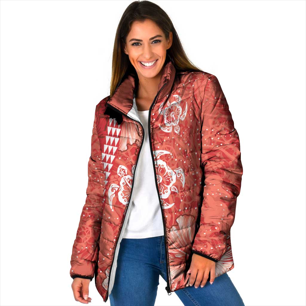 Red Hibiscus Turle Padded Jacket Hawaiian Style Tribal Tapa Pattern - Polynesian Pride