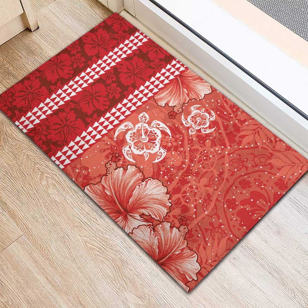 Red Hibiscus Turle Rubber Doormat Hawaiian Style Tribal Tapa Pattern LT9 - Polynesian Pride