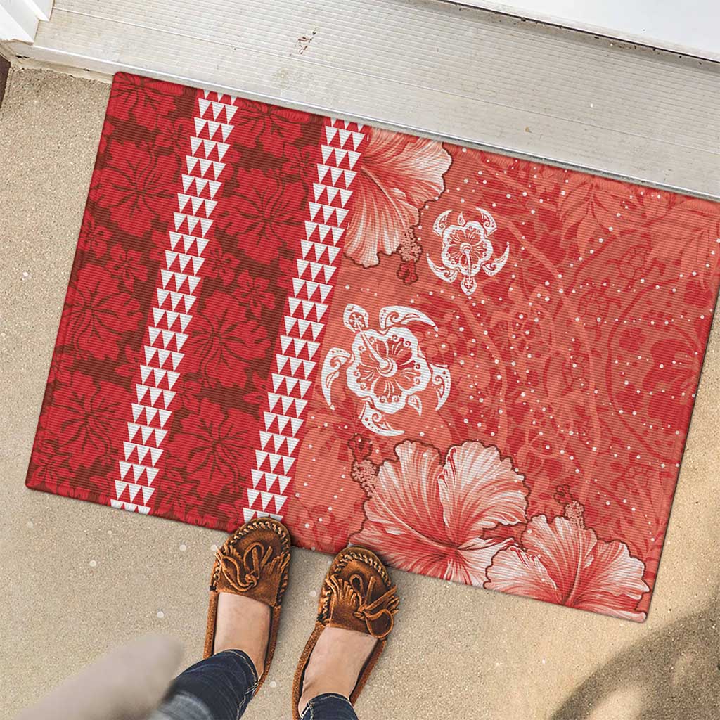 Red Hibiscus Turle Rubber Doormat Hawaiian Style Tribal Tapa Pattern LT9 - Polynesian Pride