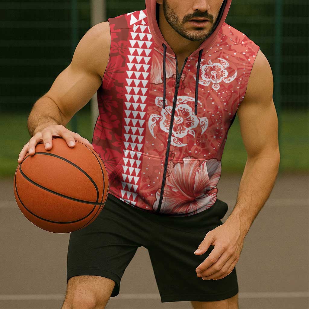 Red Hibiscus Turle Sleeveless Zip Hoodie Hawaiian Style Tribal Tapa Pattern - Polynesian Pride