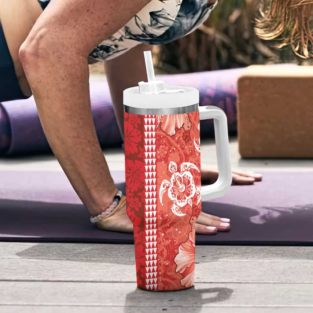 Red Hibiscus Turle Tumbler With Handle Hawaiian Style Tribal Tapa Pattern