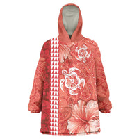 Red Hibiscus Turle Wearable Blanket Hoodie Hawaiian Style Tribal Tapa Pattern LT9 One Size Red - Polynesian Pride
