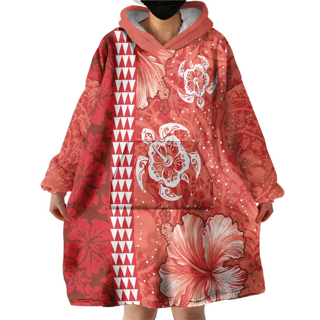 Red Hibiscus Turle Wearable Blanket Hoodie Hawaiian Style Tribal Tapa Pattern LT9 - Polynesian Pride