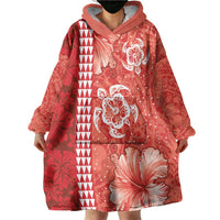 Red Hibiscus Turle Wearable Blanket Hoodie Hawaiian Style Tribal Tapa Pattern LT9 - Polynesian Pride