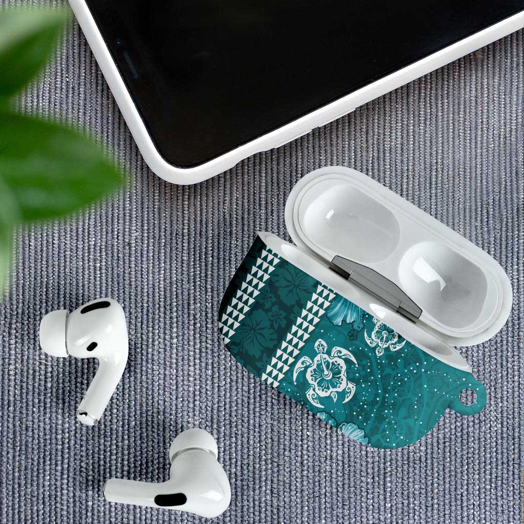 Teal Hibiscus Turle AirPods Case Hawaiian Style Tribal Tapa Pattern - Polynesian Pride