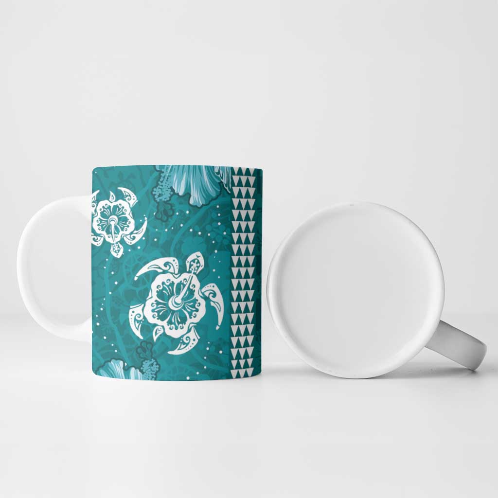 Teal Hibiscus Turle Ceramic Mug Hawaiian Style Tribal Tapa Pattern - Polynesian Pride