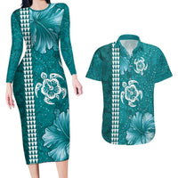 Teal Hibiscus Turle Couples Matching Long Sleeve Bodycon Dress and Hawaiian Shirt Hawaiian Style Tribal Tapa Pattern LT9 Teal - Polynesian Pride