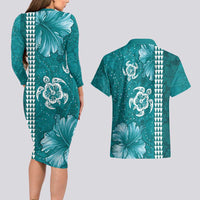 Teal Hibiscus Turle Couples Matching Long Sleeve Bodycon Dress and Hawaiian Shirt Hawaiian Style Tribal Tapa Pattern LT9 - Polynesian Pride