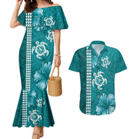 Teal Hibiscus Turle Couples Matching Mermaid Dress and Hawaiian Shirt Hawaiian Style Tribal Tapa Pattern LT9 Teal - Polynesian Pride