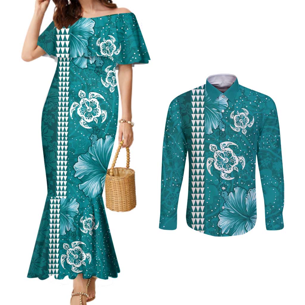 Teal Hibiscus Turle Couples Matching Mermaid Dress and Long Sleeve Button Shirt Hawaiian Style Tribal Tapa Pattern LT9 Teal - Polynesian Pride